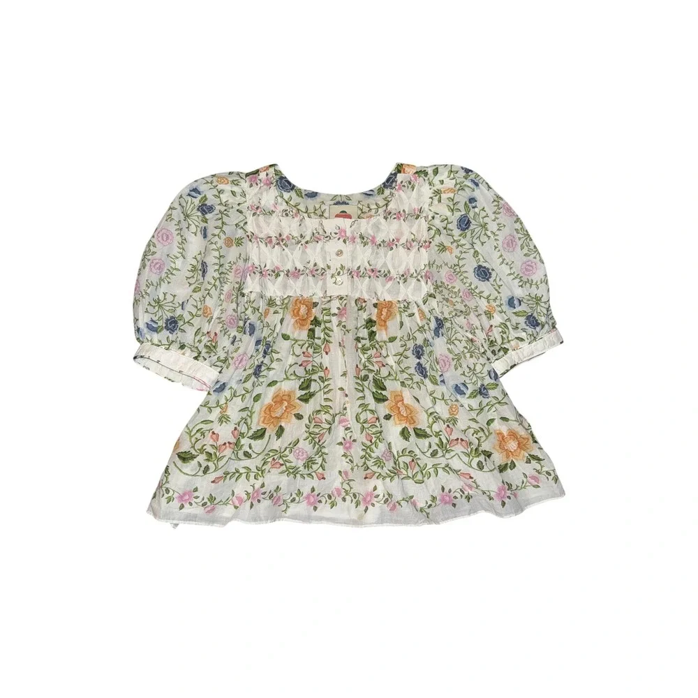 Farm Rio Folk Floral Blouse White Embroidered Puff Sleeve Smocked Top Womens XS